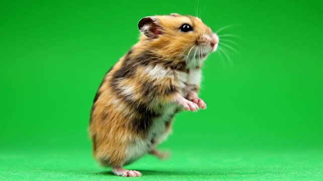 A cute brown and white Syrian hamster standing on its hind legs against a vibrant green background.