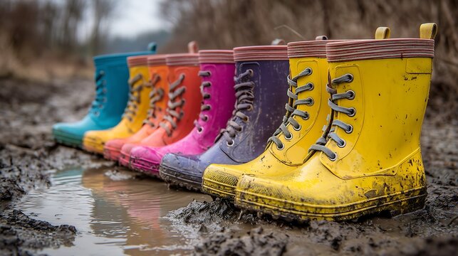 Colorful rain boots in muddy outdoor setting, playful rainy day concept with cheerful waterproof footwear photography