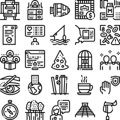 Fototapeta premium Diverse set of black linear icons representing education, business, health, travel, culture, and abstract concepts, perfect for web, app, and presentation design