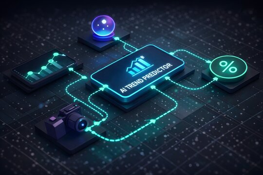 AI trend predictor dashboard with camera, analytics chart, and percentage icon in neon blue and green 3D style, futuristic data forecasting technology concept.