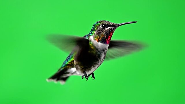 Ruby-throated hummingbird in flight with blurred wings against a vibrant green screen background.