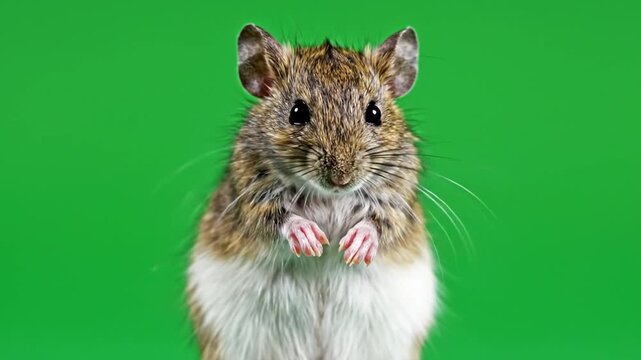 Close-up portrait of a small brown and white mouse standing on its hind legs against a vibrant green background, looking directly at the camera.