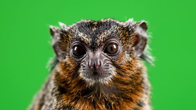 Close-up portrait of a small, curious monkey with dark and reddish-brown fur looking directly at the camera against a vibrant green background.