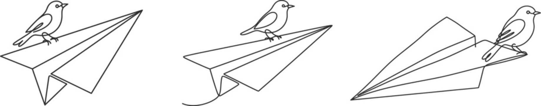 Continuous one line drawing of little bird sitting on paper airplane set. Freedom, peace and travel concept outline illustration.