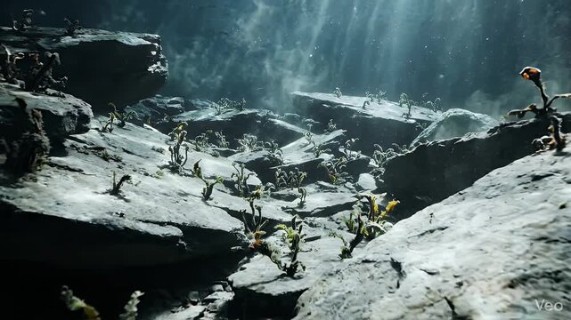 Cinematic Wide Shot of a Mysterious Alien Landscape with Strange Exotic Plants Growing Among Dark Grey Rocks
