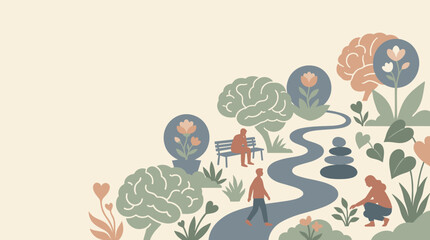Stylized illustration of a winding path through a serene landscape, symbolizing personal growth and mental health awareness © Ася Андроник