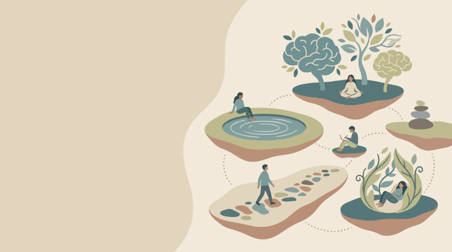 Illustrations depict individuals engaging in mindfulness, relaxation, and learning across floating islands connected by dotted lines, symbolizing mental well-being and personal growth