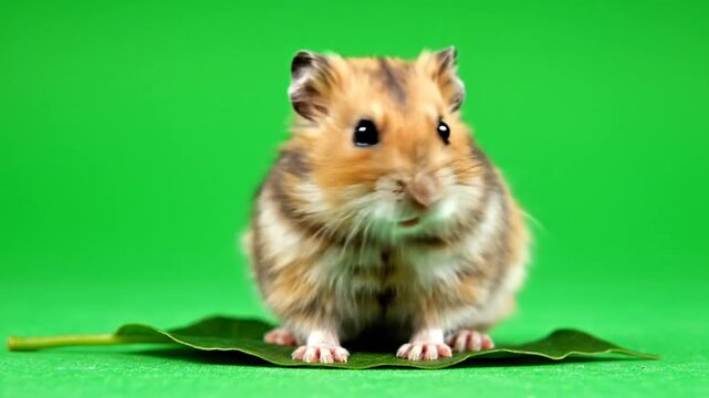 A small, fluffy brown and white hamster sitting on a green leaf with a vibrant green background.