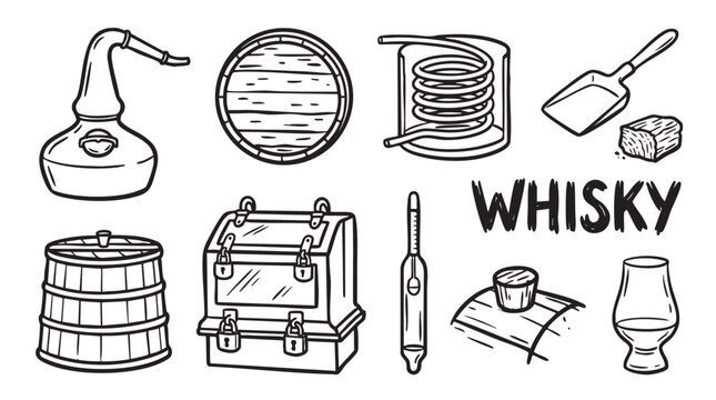 Whisky production and tasting equipment icons line art distillery process barrels and glasses.