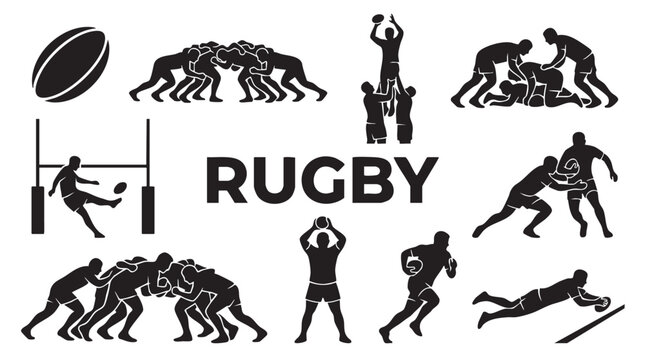 Rugby sport vector icons set depicting players in various actions including scrum lineout tackle and a ball.