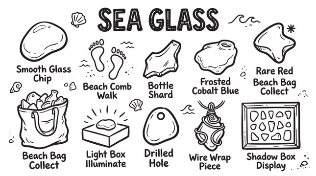 Sea glass beachcombing hobby icon set with smooth glass chips and collected shards in shadow box display.