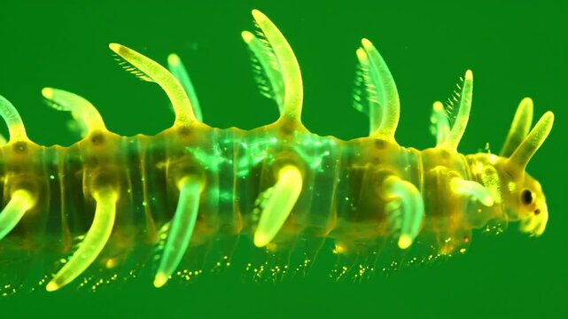 A close-up of a translucent, segmented marine worm with glowing green and yellow bioluminescence against a dark green background.