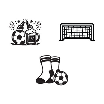 Minimalist black and white soccer vector illustration featuring beer celebration, goal net, and soccer gear, perfect for sports culture and lifestyle design.