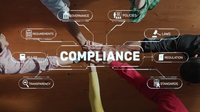 This image illustrates core elements of compliance in business, showcasing keywords like governance, rules, policies, and transparency against a wooden background. Raster