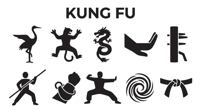 Kung fu martial arts symbols featuring animals and fighting poses.