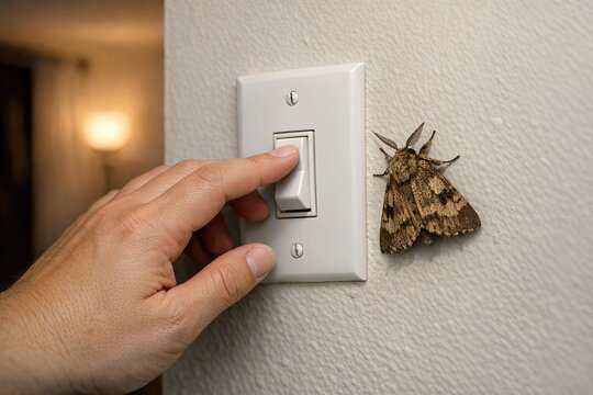 A small moth perched beside a light switch, likely attracted by the light source