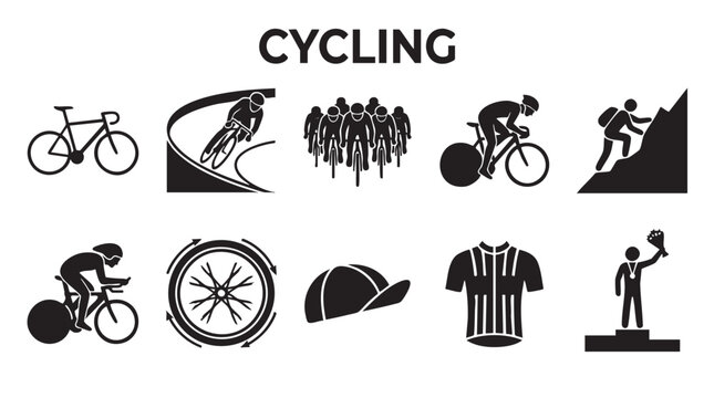 Professional cycling icons including road bikes riders racing peloton and victory podium silhouettes for sports design.
