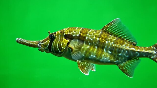 A detailed close-up of a long-snouted fish with mottled green and brown scales swimming in water.