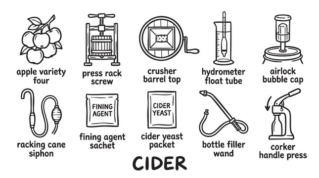 Cider making process and equipment linear icons set.