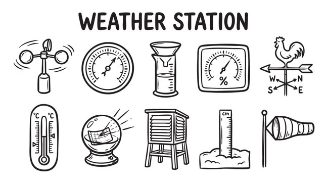 Set of ten weather station tools and meteorology equipment in doodle style.