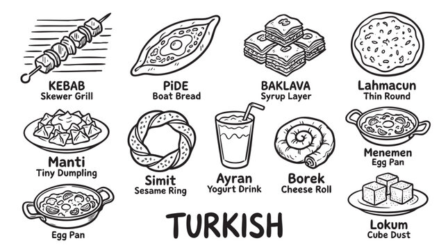 Assortment of popular turkish food dishes in doodle illustration style.