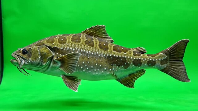 A detailed view of a fish model with unique patterned scales and barbels against a vibrant green background, likely for chroma keying.
