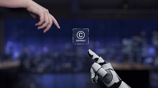 An imaginative scene showcasing a human hand reaching towards a robotic hand, highlighting concepts of copyright and digital rights management in a modern setting. Synapse