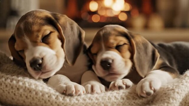 Two cute beagle puppies sleeping together on soft blanket.