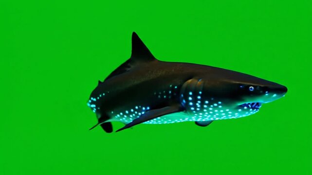 A bioluminescent shark with glowing spots swimming against a vibrant green background, showcasing its unique deep-sea adaptation.