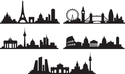 Fototapeta premium Low Detail European Capital Skyline Bundle Minimal Black Silhouette Vector Illustration