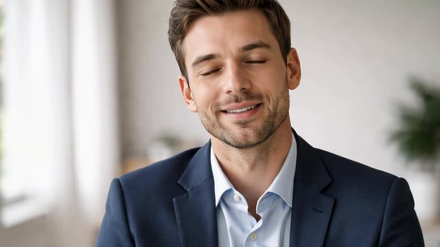 Close-up corporate portrait of a confident young professional man wearing a navy suit and collared shirt, smiling and looking directly at the camera in a modern office setting
