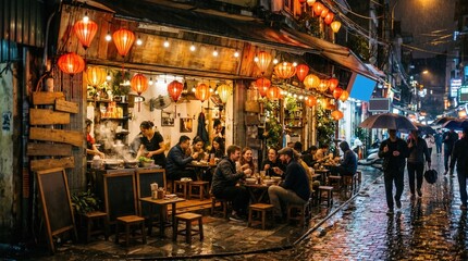 Fototapeta premium Vibrant Night Market Scene with Lanterns and Cozy Outdoor Dining in Urban Setting