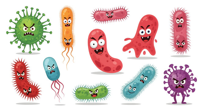 A collection of whimsical cartoon microbes, viruses, and bacteria with various expressions. Suitable for educational projects, health and hygiene awareness materials, or science-themed graphics.