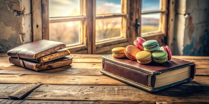 Rustic wooden table scene featuring colorful pastries atop an antique book near a stack of aged leather-bound journals, bathed in soft sunlight streaming through a weathered window.