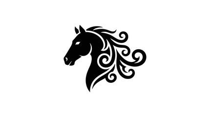 Horse head silhouette features intricate tribal patterns and flowing mane curls in black ink style. © labubu