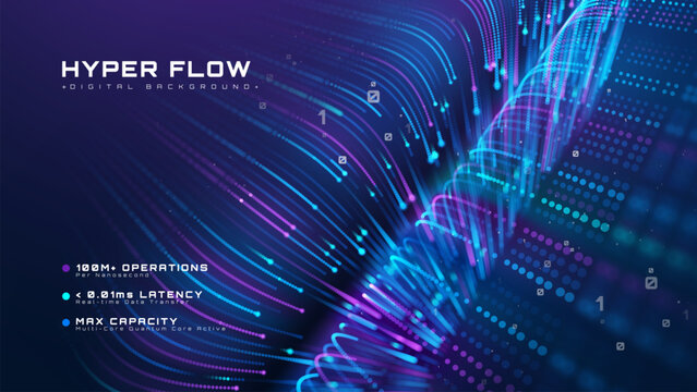 Abstract data flow background with glowing blue particle lines. Future digital technology concept showing a hyper-fast binary code stream.