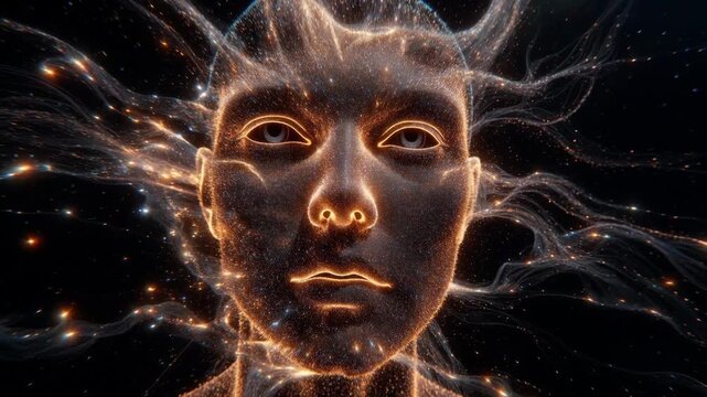Glowing particle human face in abstract style on dark cosmic background, concept of digital consciousness