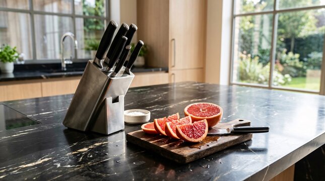 Sleek modern black marble kitchen counter features a stainless steel knife block and sliced red grapefruit under bright, natural sunlight.
