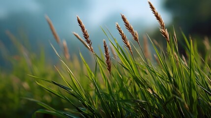 Obraz premium Close up view of dry golden wheat stalks creating a rustic and elegant texture against a soft blurred background