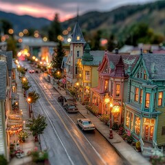 Naklejka premium Charming Victorian town street at dusk with tilt-shift effect.