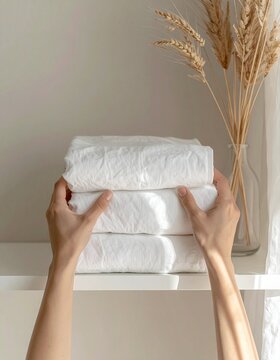 Manos organizando ropa blanca cuidadosamente doblada en estanter&iacute;a minimalista, est&eacute;tica ordenada y limpia