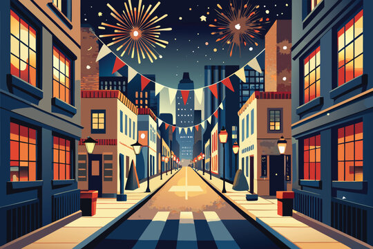 City street at night with fireworks and festive bunting flags