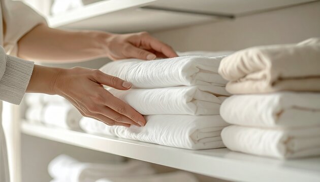 Manos organizando ropa blanca cuidadosamente doblada en estanter&iacute;a minimalista, est&eacute;tica ordenada y limpia