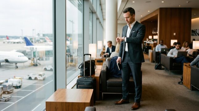 Professional Businessman Checking Time in Modern Airport Lounge with Travel Bags Nearby