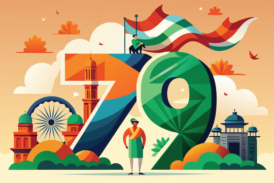 Indian independence day celebration with number 79 and national landmarks