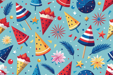 Fototapeta premium Seamless pattern with popsicles watermelon slices and festive stars on blue background