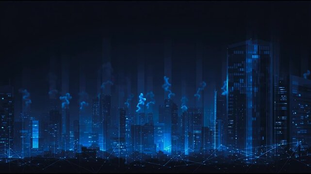 Smart digital Innovation city with connection network reciprocity over the twilight cityscape. of future smart wireless digital city and social media networking systems that connects people with city