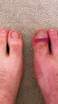 Close-up view of male feet showing progression of visible trauma with skin discoloration on the right toe against a textured carpet background