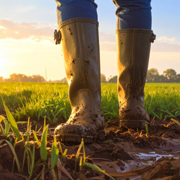 Modderige laarzen in een groen veld bij zonsondergang