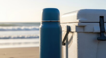 Obraz premium Blue Water Bottle and Cooler on the Beach with Ocean View.
